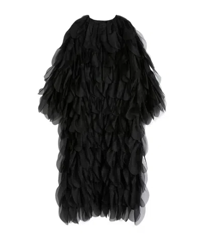 Max Mara Long Overcoat With Petals In Silk Organza - Black