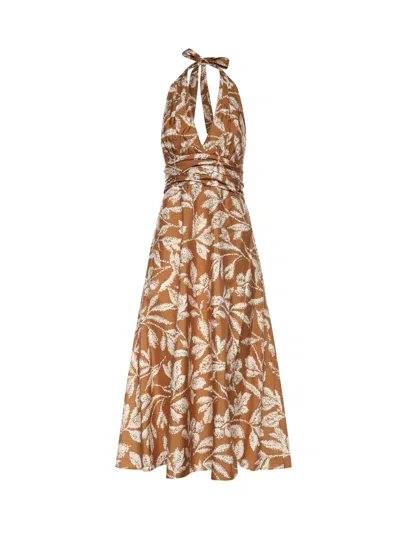 Max Mara Halterneck Printed Cotton Midi Dress In Brown