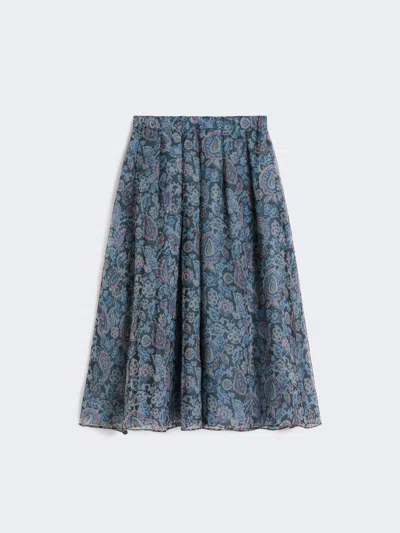 Max Mara Long Printed Silk Skirt In Blue