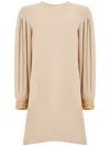 Max Mara Crew Neck Monogram Pattern Puffed Sleeves Dress In Beige