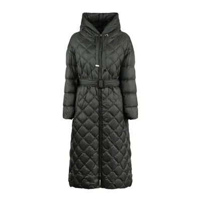 Max Mara Long Rhombus Down Jacket With Hood In Gray