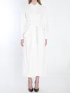 Max Mara White Maxi Dress With Classic Collar And Belted Waist In White
