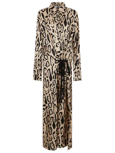 Max Mara Long Silk Dress With Classic Collar In Brown