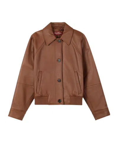 Max Mara Long Sleeve Leather Jacket In Brown