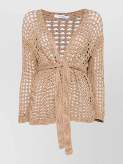 Max Mara Long Sleeve Open Knit V Neck Cardigan In Brown