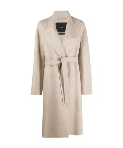 Max Mara Long-sleeved Belted Coat In Cream