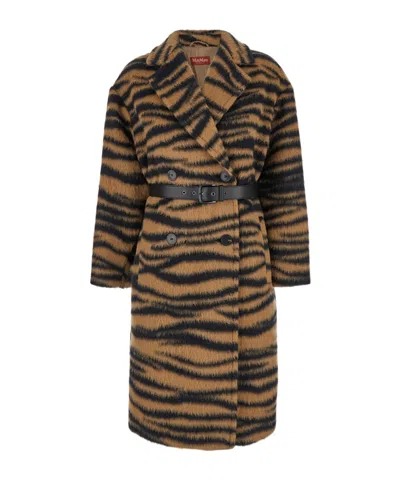 Max Mara Long-sleeved Coat In Camel Jacquard