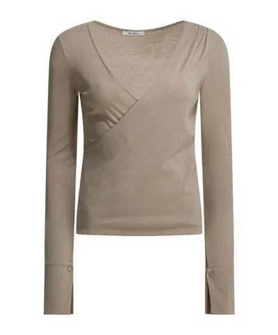 Max Mara Virgin Wool Sweater Draped V Neck Design In Brown
