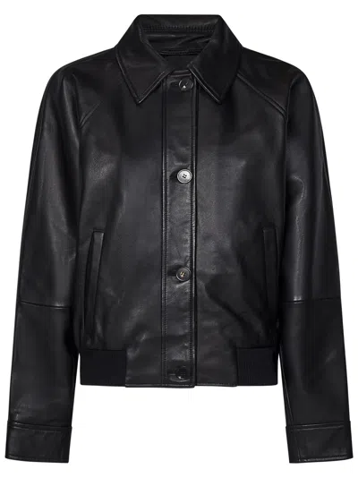 Max Mara Long-sleeved Leather Jacket In Black
