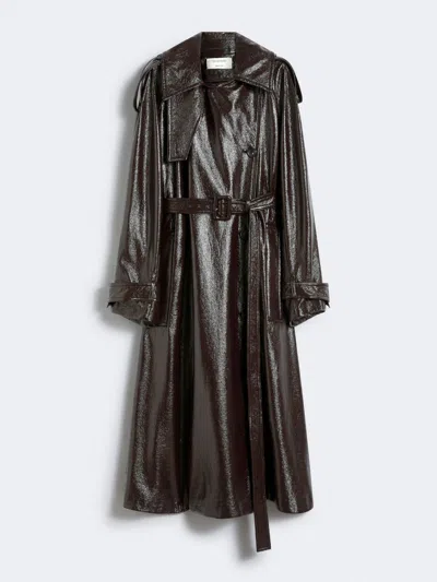 Max Mara Long Trench Coat With Patent Leather Effect In Brown
