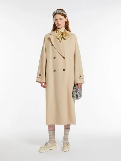 Max Mara Long Wool And Technical Fabric Trench Coat In Sand