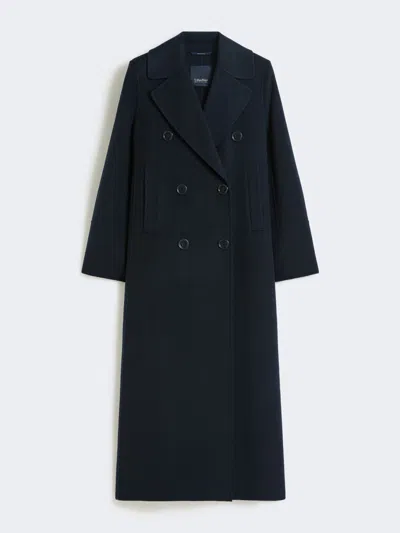 Max Mara Long Wool Coat With Half-belt Detail In Blue