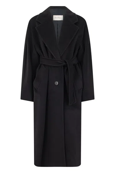Max Mara Long Wool-cashmere Jacket With Waist Belt In Black