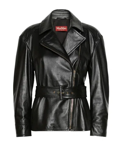 Max Mara Long-sleeved Leather Jacket In Black