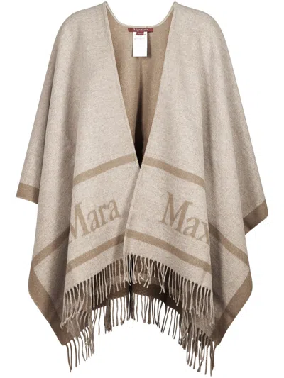 Max Mara Loose-fit Poncho Sweater With Deep V-neck And Fringed Hem In Pink