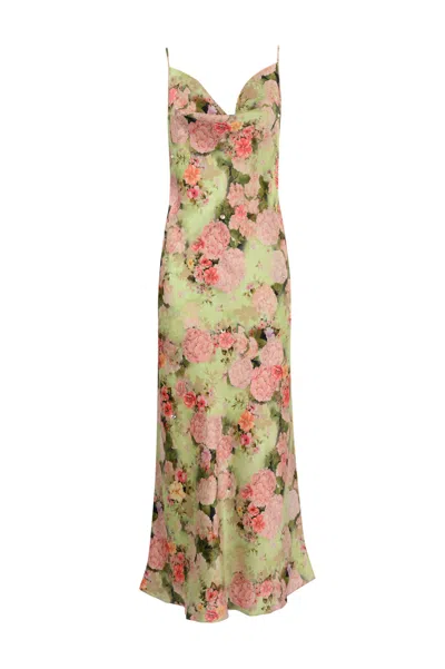 Max Mara Louis Silk Dress With Floral Print In Verde Menta