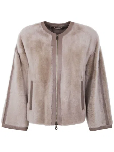 Max Mara Short Shearling Coat Round Neck Design In Neutral