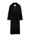Max Mara Black Belted Long Coat With Notched Collar And Smooth Finish In Black