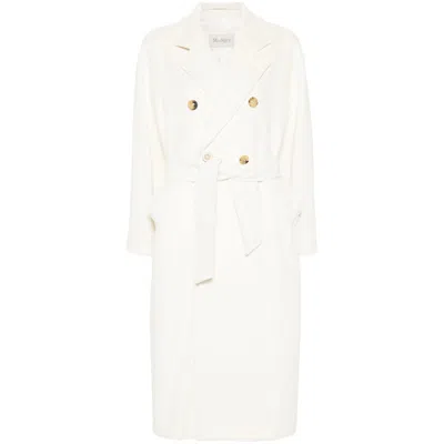 Max Mara Double-breasted Coat With Belt Coats White In Yellow