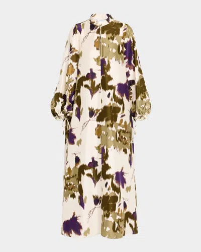 MAX MARA MAESA PRINTED LONG-SLEEVE SILK MAXI SHIRTDRESS