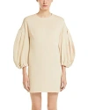 Max Mara Crew Neck Monogram Pattern Puffed Sleeves Dress In Ivory