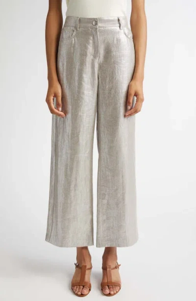 Max Mara Malika Metallic Coated Linen Wide Leg Pants In Silver