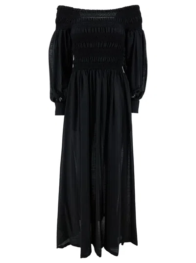 Max Mara 'manu' Long Black Off-shoulder Dress With Puff Sleeves In Lightweight Wool Woman