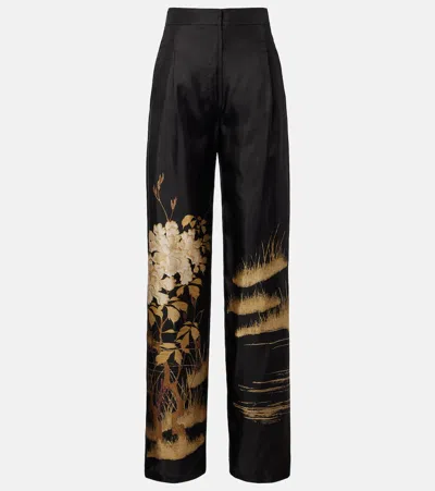 Max Mara Mappa Printed High-rise Silk Wide-leg Pants In Black