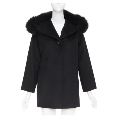 Pre-owned Max Mara Mara Studio Mango Virgin Wool Fur Trim Collar Hood Coat It36 Xxs In Black