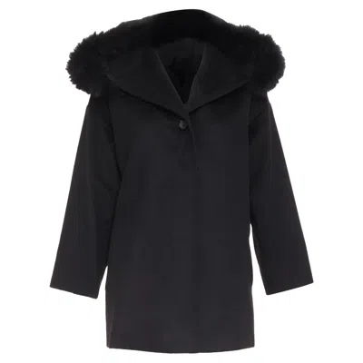 Max Mara Mara Studio Mango Wool Fur Trim Hood Coat In Black