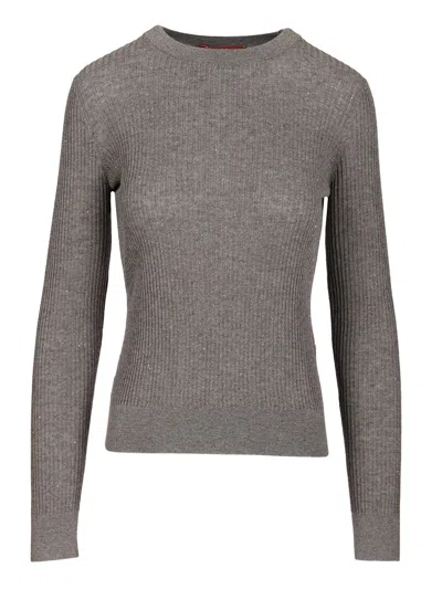 Max Mara Marabu Pailletes Ribbed Wool-silk Crewneck Knitwear Grey In Gray