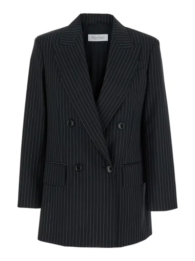MAX MARA MAX MARA WOMEN 'MATTIA' BLACK DOUBLE-BREASTED JACKET WITH PEAK REVERS AND ALL-OVER STRIPED MOTIF IN 
