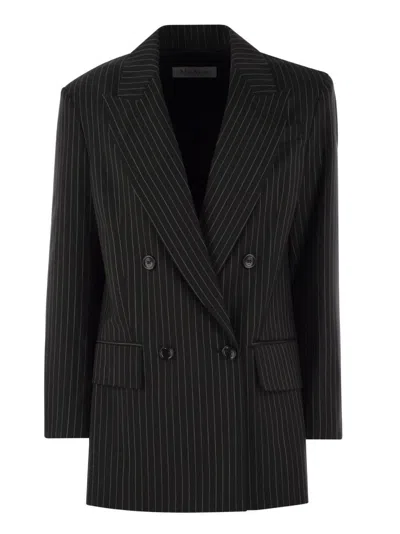 Max Mara Mattia Schwarze, Nadelgestreifte Zweireiherjacke Aus Schurwolle  In Black