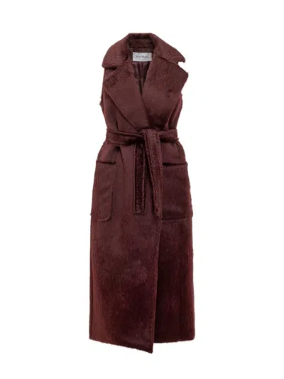 Max Mara Bordeaux Wool Long Vest With Belt In Burgundy