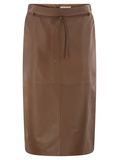 Max Mara Maxmara Mxmfantino Lamb Leather Midi Skirt With Leather Belt In Brown