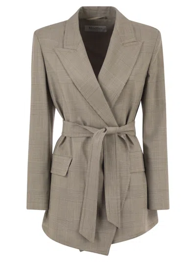 Max Mara Prince Of Wales Belted Blazer In Gray