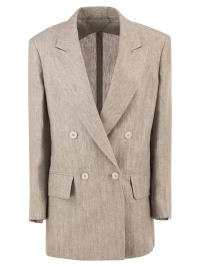 Max Mara Olimpia Double-breasted Chevron Linen Blazer In Gray