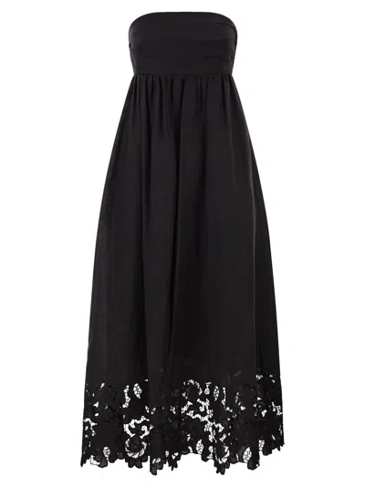 Max Mara Maxmara Studio Strapless Linen Dress With Embroidered Hem In Black