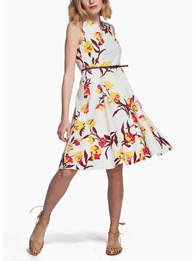Pre-owned Max Mara Maxmara Womens Belted Sleeveless Knee Length Wear To Work Fit + Flare Dress In White