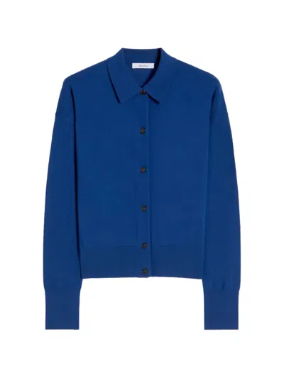 Max Mara Slim-fit Wool Blend Shirt-collar Top With Horn Button Placket In Blue