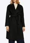 Max Mara Black Belted Long Coat With Notched Collar And Smooth Finish In Black