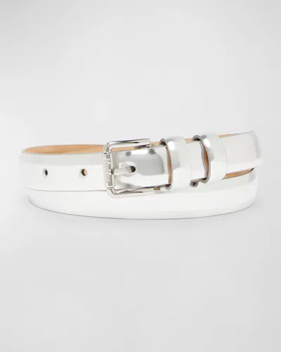 Max Mara Metallic Patent Leather Skinny Belt In Mirrored Silver