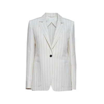 MAX MARA MICRON SINGLE-BREASTED JACKET IN WHITE PINSTRIPED CANVAS