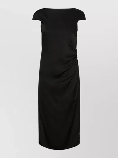 Max Mara Midi Dress Cap Sleeves Draped Side Slit In Black