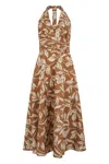 Max Mara Halterneck Printed Cotton Midi Dress In Brown