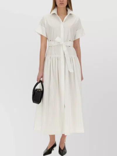 Max Mara Midi Dress With Belted Waist And Short Sleeves In White