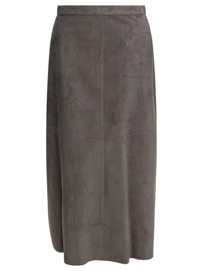 Max Mara Midi Grey Suede Skirt In Gray