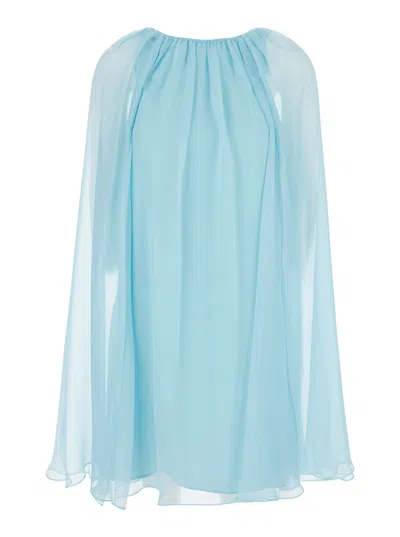 Max Mara Mini Light Blue Dress With Drawstring In Silk Chiffon Woman