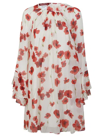 Max Mara Mini Silk Dress With Flared Sleeves In White