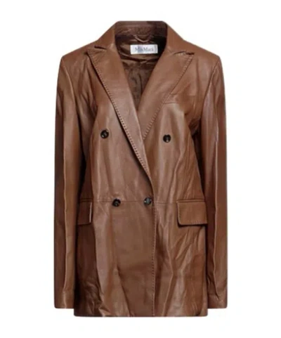 Max Mara Minimalist Double-breasted Leather Blazer In Brown